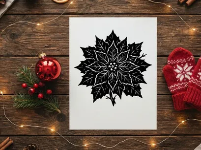 Black and white poinsettia flower illustration for Christmas holiday design