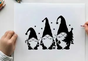 Three gnomes in silhouette with stars and christmas tree