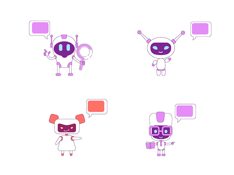 Humanoid bots flat color vector characters set