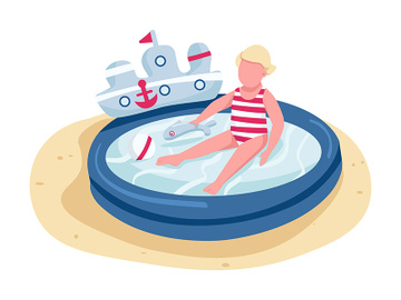 Cute toddler playing with toys in inflatable pool flat color vector faceless character preview picture