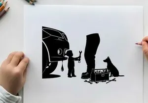 Silhouette of a boy and dog by a broken car with a toolbox