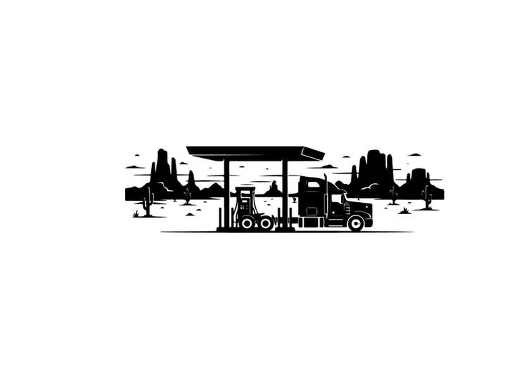 Silhouette of a truck at a gas station with cityscape background silhouette