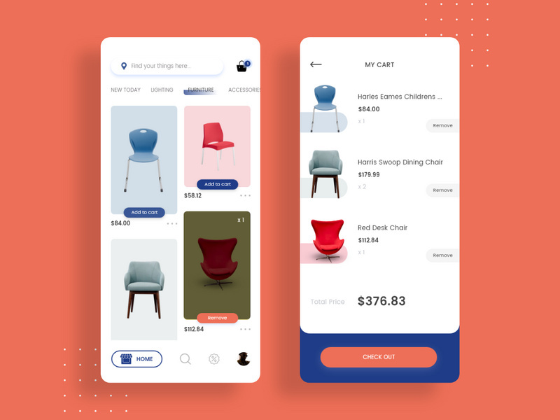 Home and My cart screens for Furniture app