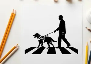Man and guide dog crossing street in silhouette
