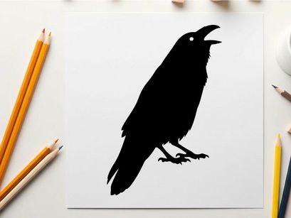 Silhouette of a black bird with open beak on white background
