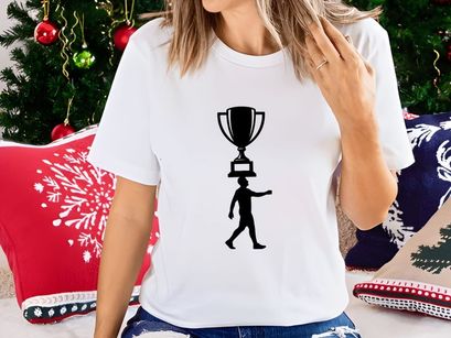 A person walking with a trophy on their head in a simple black silhouette graphic