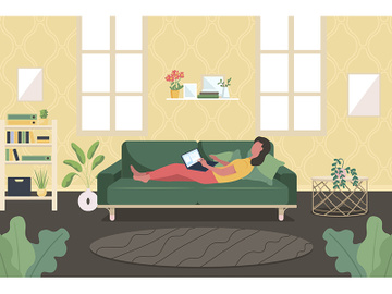 Woman with laptop on couch flat color vector illustration preview picture