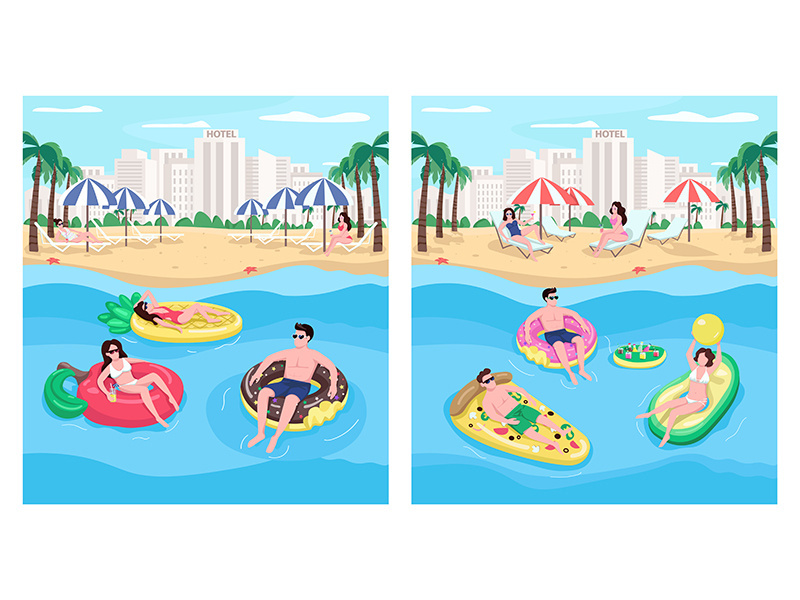 People floating on inflatables flat color vector illustration set