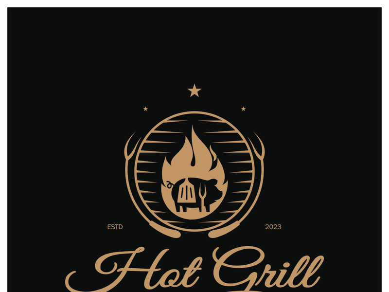 Simple Barbecue Vintage hot grill, with crossed flames and spatula. Logo for restaurant, badge, cafe and bar.vector