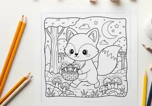 Cute white fox with basket and mushrooms forest vector illustration