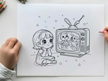 Girl watching cartoon cat and dog on tv vector illustration