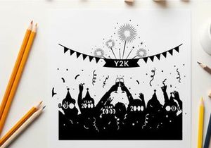 Y2k party silhouette with fireworks and confetti celebration
