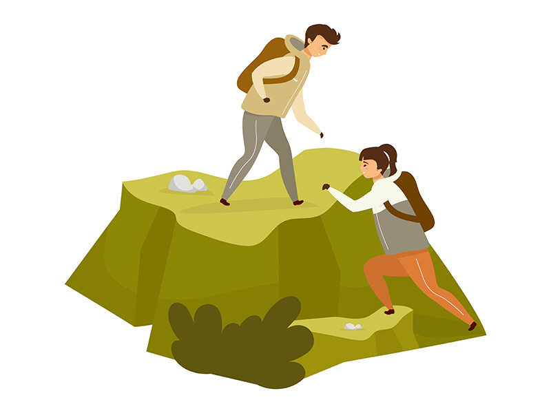 Couple climbing hill flat color vector illustration