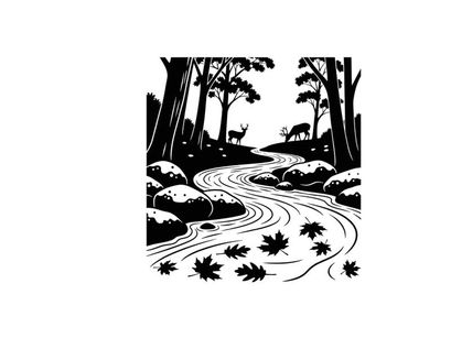 Serene forest stream with deer silhouette at dusk