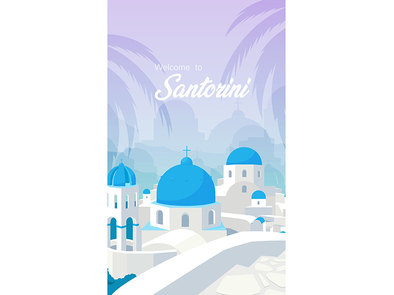 Greek white buildings with blue roofs poster flat vector template