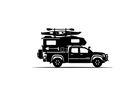 Silhouette of a truck with kayak and tent on top for outdoor adventure