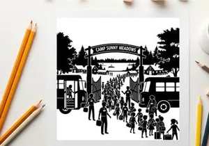 Camp sunny meadows silhouette illustration of children arriving at summer camp