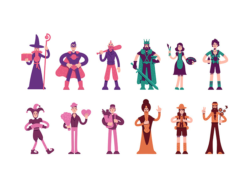 Twelve archetypes flat color vector characters set