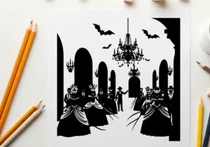 Silhouette of people in a hall with bats and chandelier