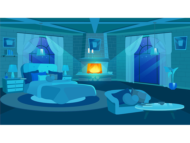 Old house bedroom interior at night flat vector illustration