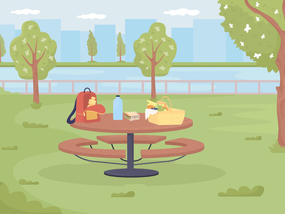 Public areas in city for relaxation color vector illustration set