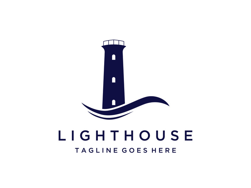 Sea lighthouse tower building creative logo with spotlights vintage vector template.