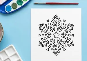 Black and white snowflake icon, geometric Christmas star pattern for winter holiday design.