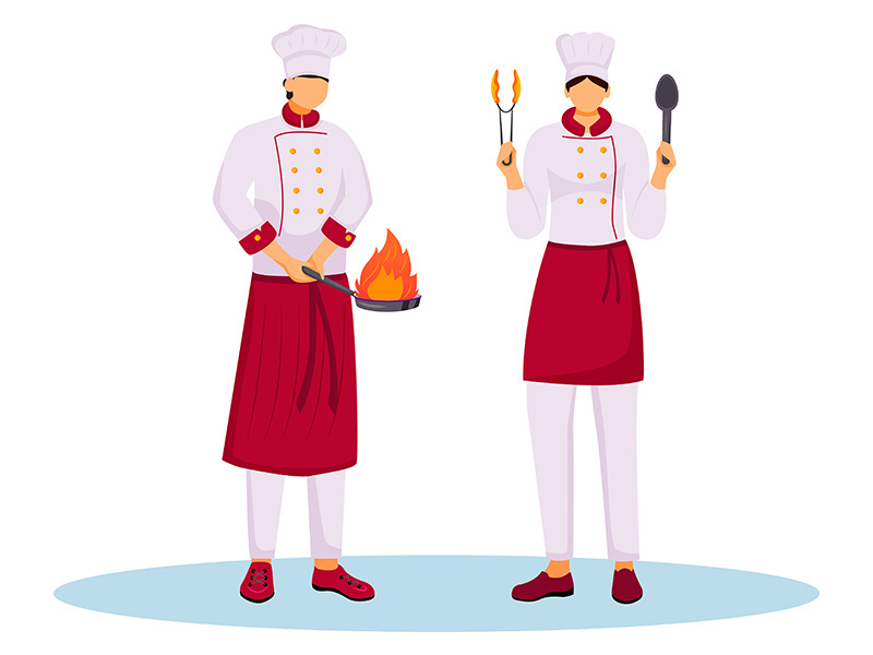 Hotel chefs in uniform flat color vector illustration