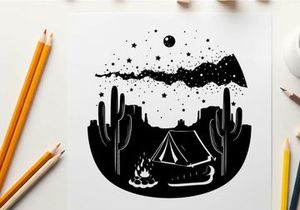 Desert camping silhouette under starry night sky
