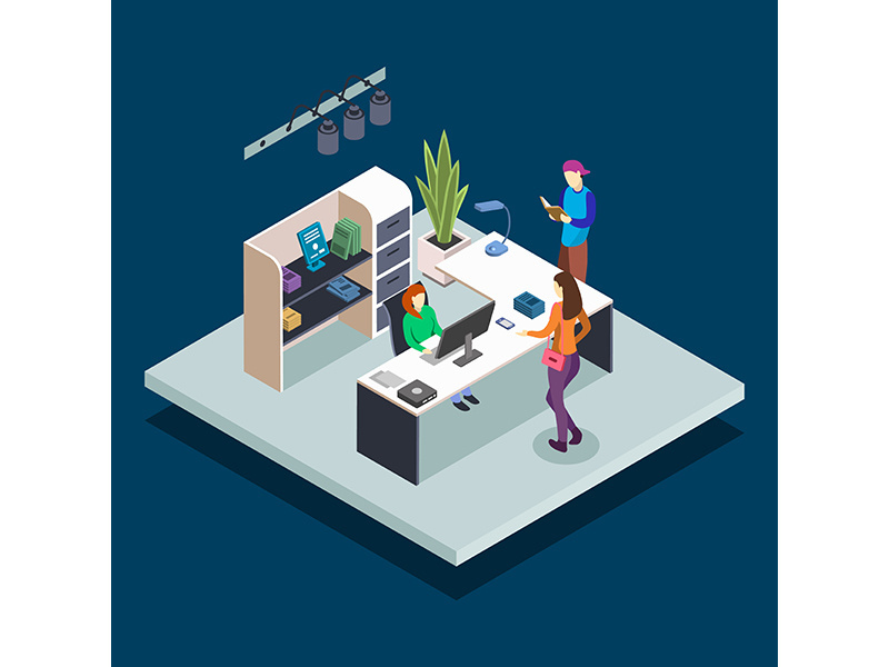 Library reception isometric color vector illustration