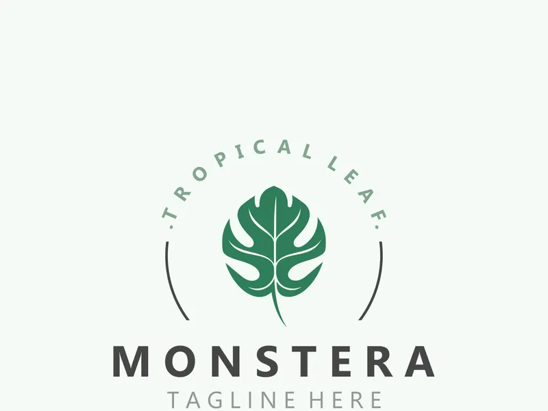 Design de logotipo de folha de Monstera deliciosa, ilustração de ícone de planta plana modelo