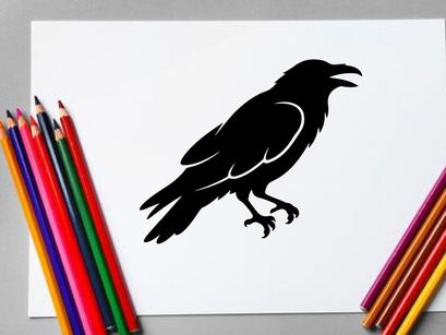 Silhouette of a Crow Perched on a Branch in Black and White
