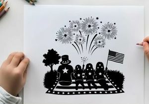 Patriotic family silhouette watching fireworks on railroad tracks