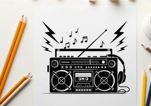 Retro boombox silhouette with music notes and headphones