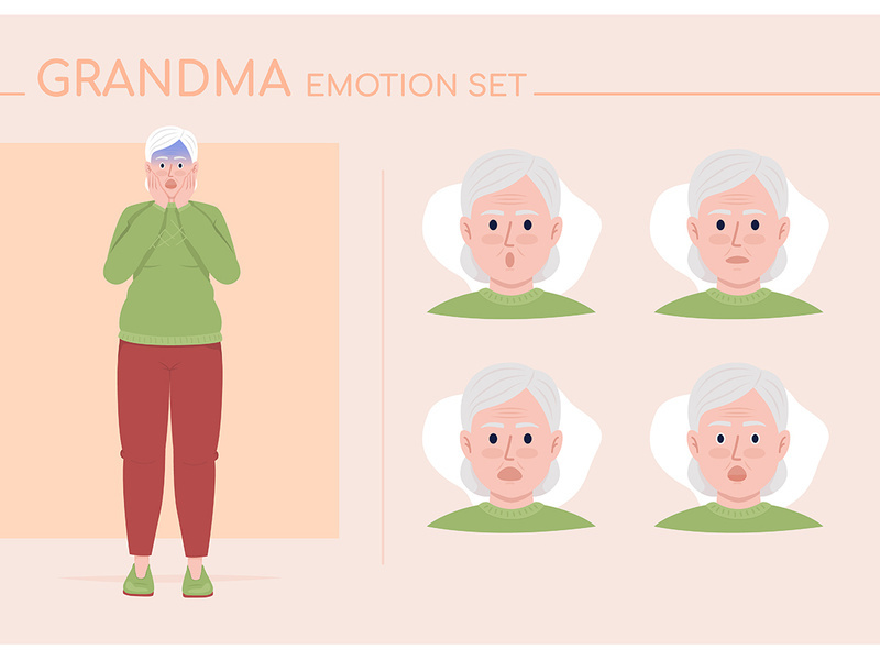 Scared senior woman semi flat color character emotions set