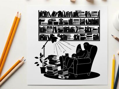 Silhouette of a man reading in a cozy library nook