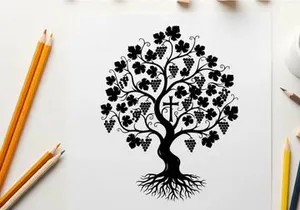 Silhouette of a tree with grapes and a cross silhouette