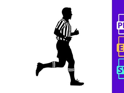 Silhouette of a referee running on a sports field with a striped shirt