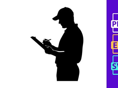 Silhouette of a man in a cap reading a document or writing