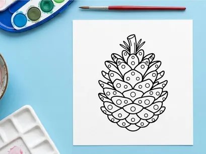 Ilustración de arte lineal de piña. Boceto botánico dibujado a mano de una semilla de árbol conífero.