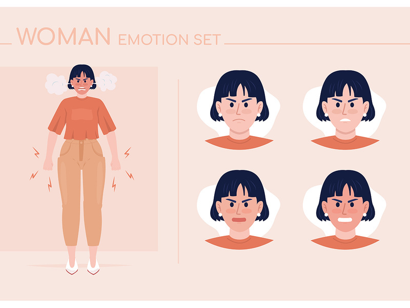 Angry young woman semi flat color character emotions set