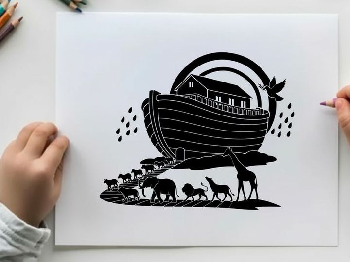 Noah's ark silhouette with animals and rainbow