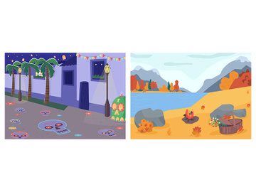 Seasonal scenery flat color vector illustration set preview picture