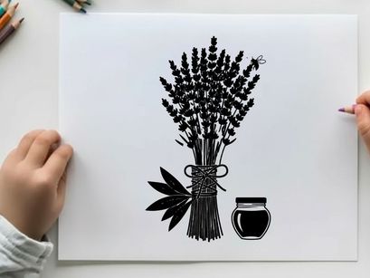Silhouette of lavender bouquet and honey jar illustration