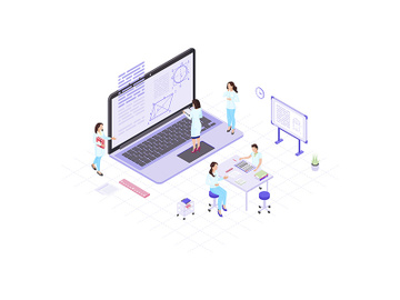 Scientists, mathematicians, academics, research workers isometric color vector illustration preview picture