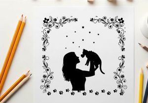 Silhouette of woman kissing a cat surrounded by flowers