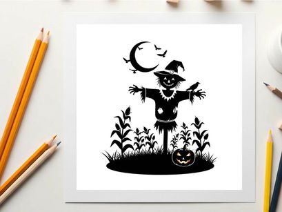 Halloween silhouette of scarecrow in cornfield under crescent moon