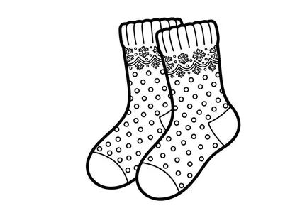 Pair of Christmas socks with polka dot and snowflake pattern line art illustration