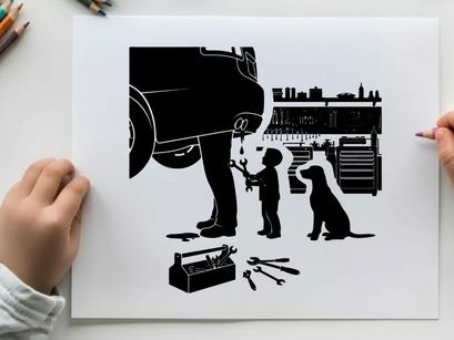 Silhouette of a man and boy working on a car with dog