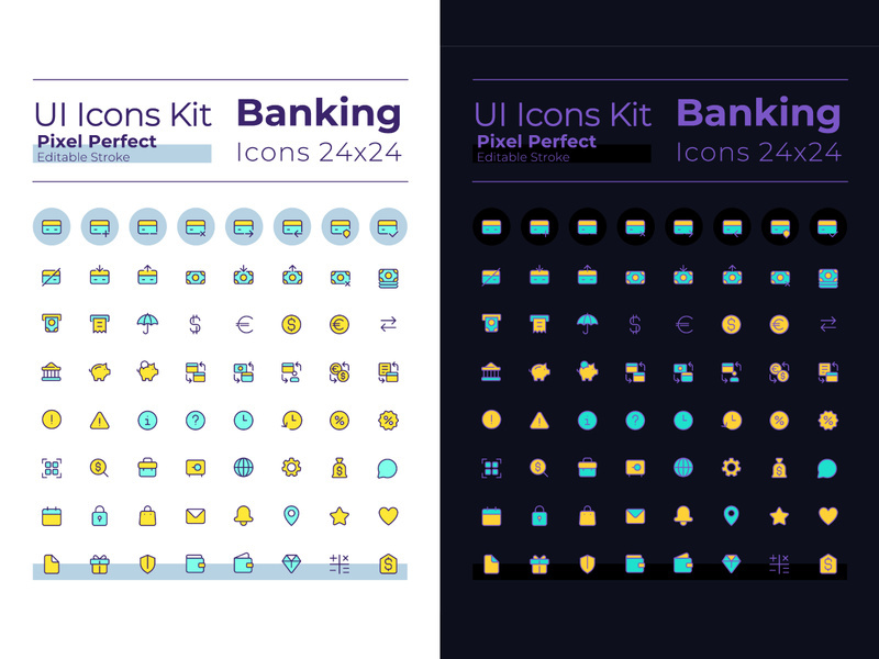 Banking pixel perfect RGB color ui icons set for dark, light mode